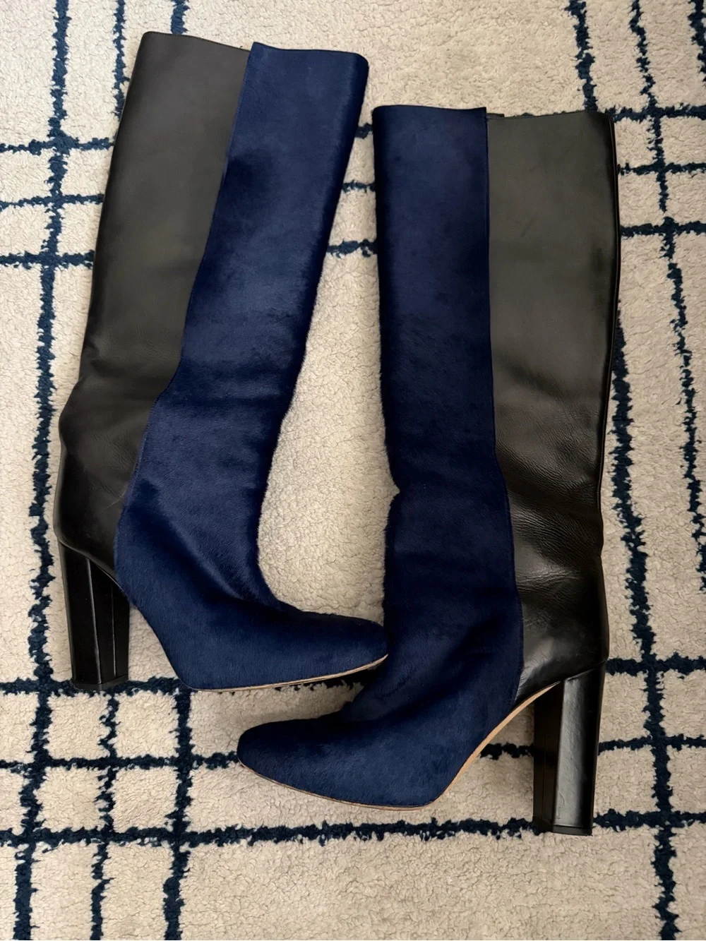 Rare J. Crew Navy calf hair and Black leather Knee-High Block Heel Boots